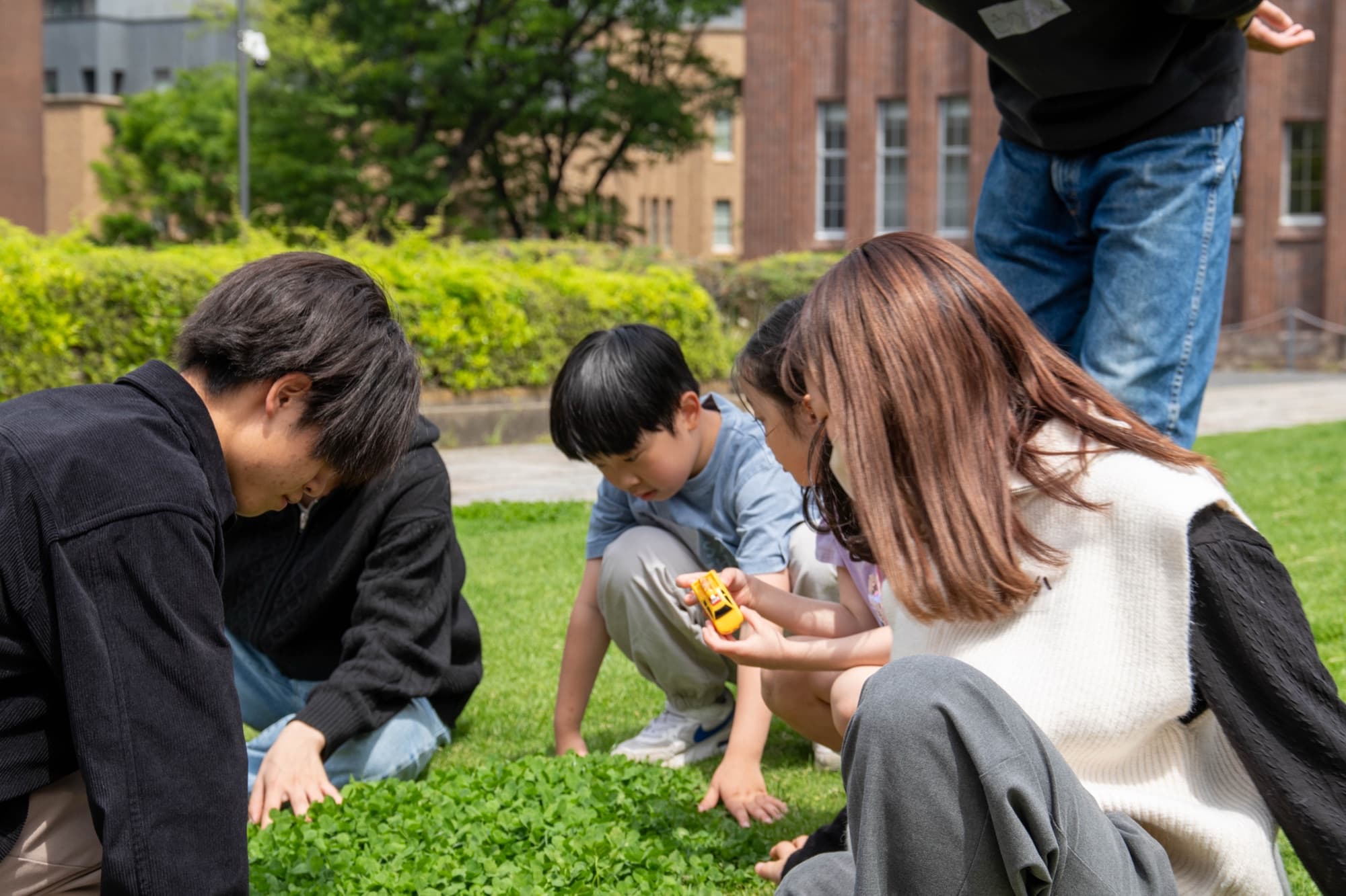 芝生で大学生と一緒に生きものを探す子ども