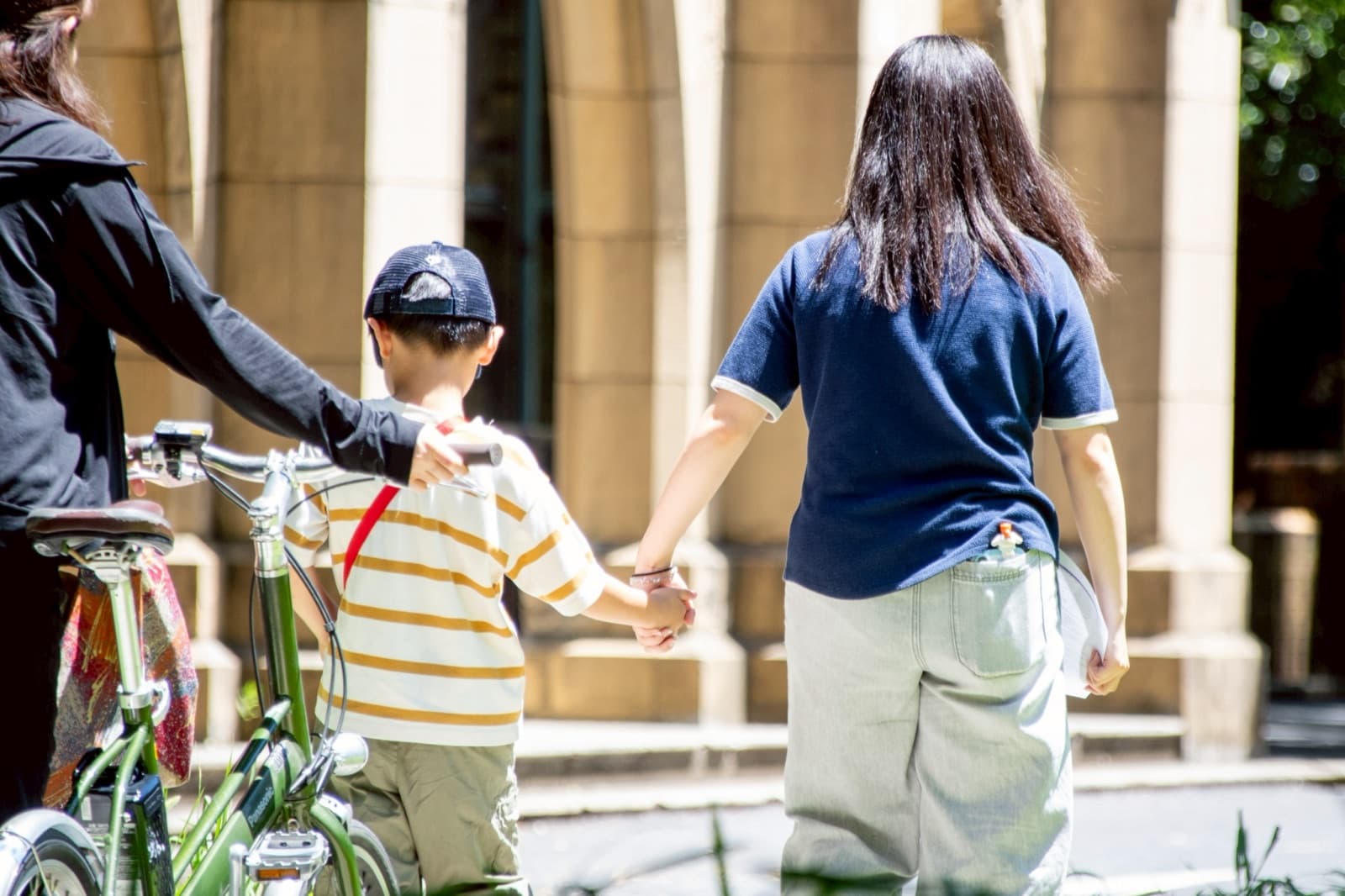 自転車を引いて手をつなぎキャンパスを歩く親子(後ろ姿)